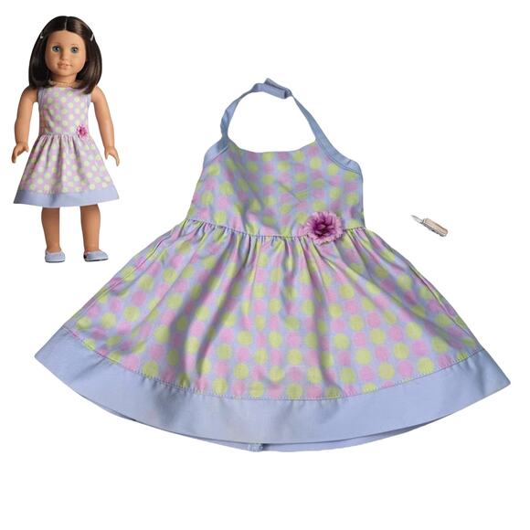 NEW American Girl CHRISSA SUNDRESS Polka Dot Flower Hair Barrettes Shoes Box - Picture 1 of 7